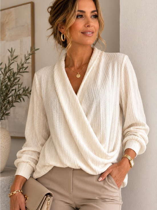 Maeve Sweaters - Maeve Cream Texture Surplice Faux Wrap Knit Long Sleeve Office Sweater SZ M